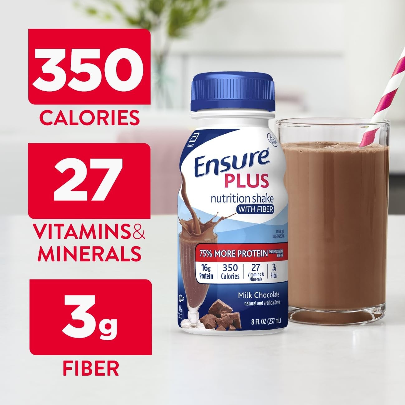 Ensure Plus Milk Chocolate 8 Fl Oz (Pack of 24), with Fiber