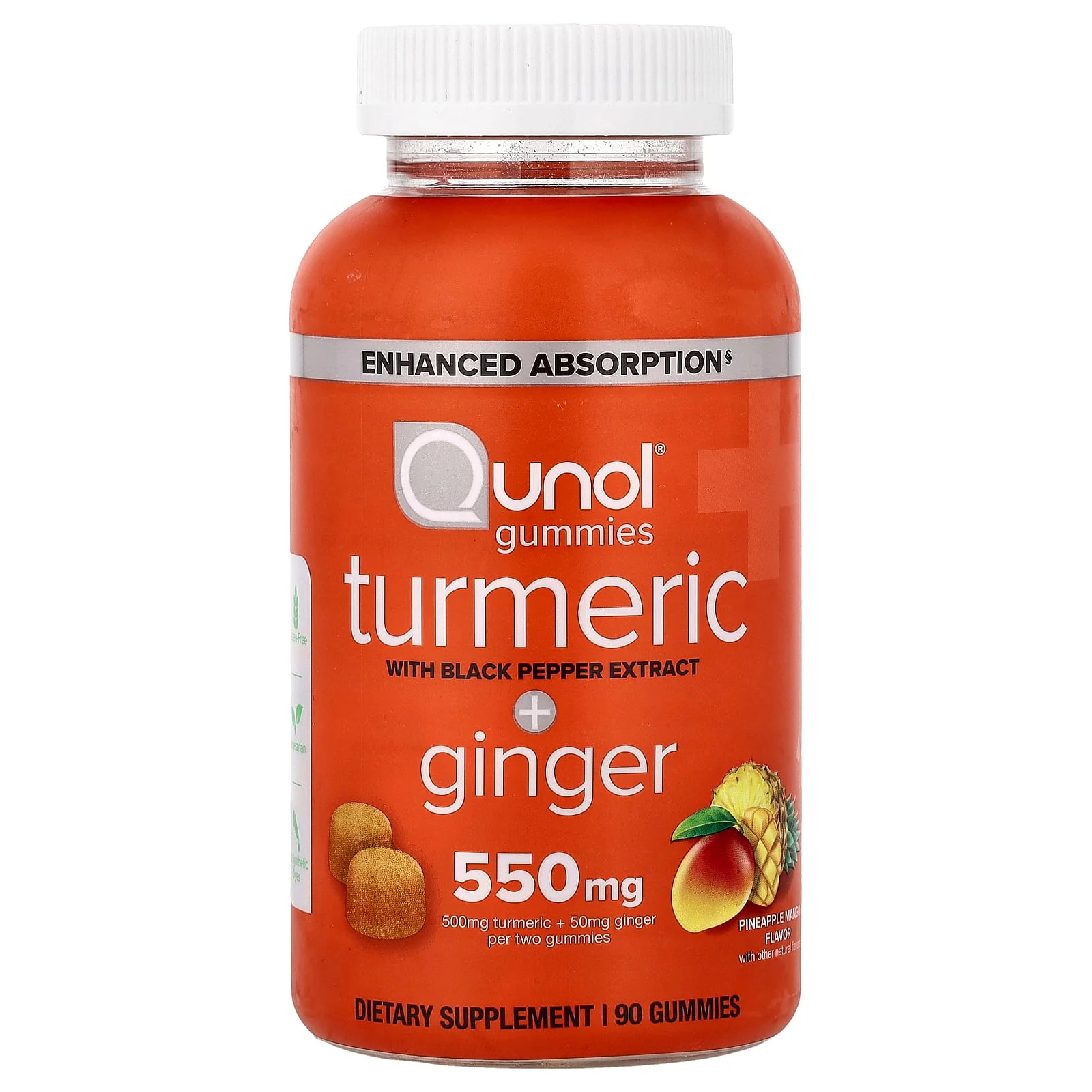 2 X Qunol, Turmeric + Ginger Gummies With Black Pepper Extract, Pineapple Mango