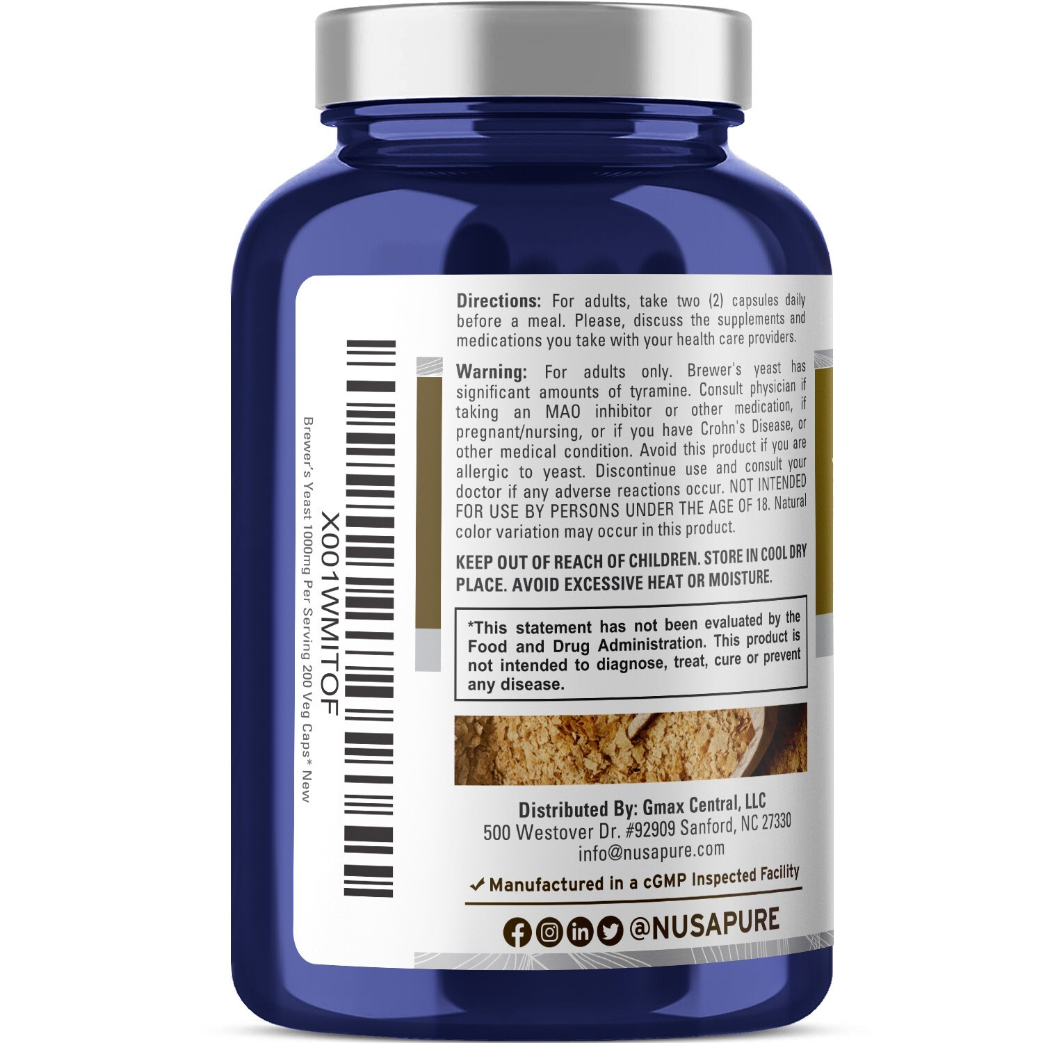 NusaPure Brewers Yeast 1000mg 200 Vegetarian Caps (Non-GMO & Gluten-Free)