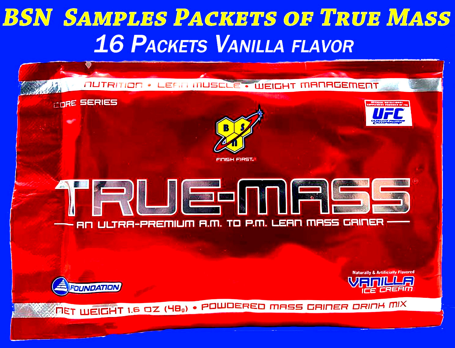 BSN True-Mass, 16 Vanilla + 16 Chocolate + 6 Strawberry Single Serving Packets