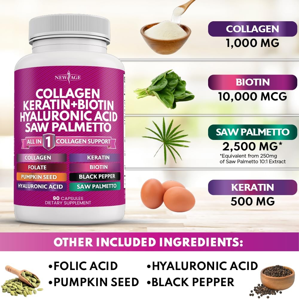 NEW AGE Collagen Pills Biotin Keratin Saw Palmetto 90 Count (Pack of 2)