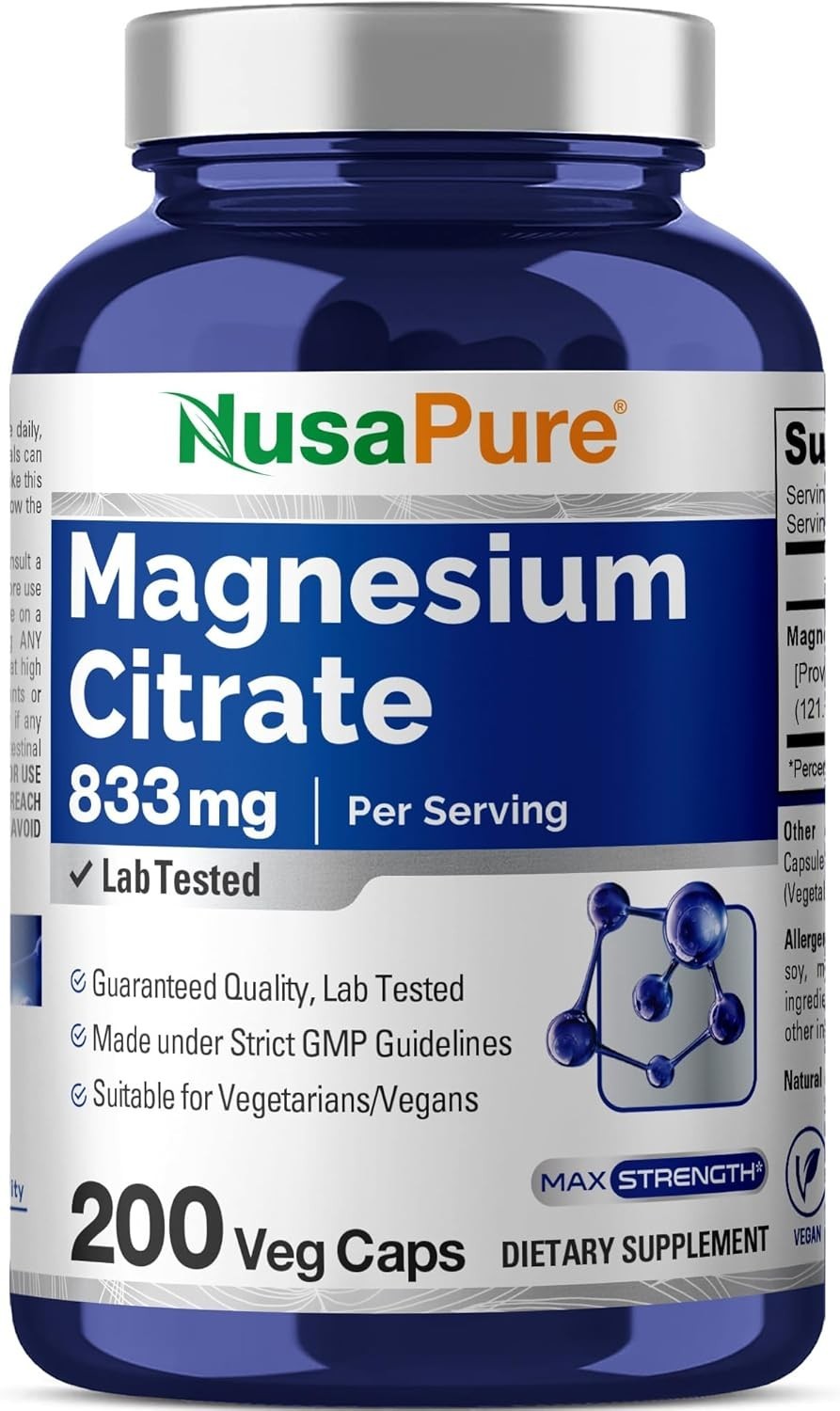 NusaPure Magnesium Citrate 833mg – 200 Veggie Capsules Vegetarian Non-GMO Vegan