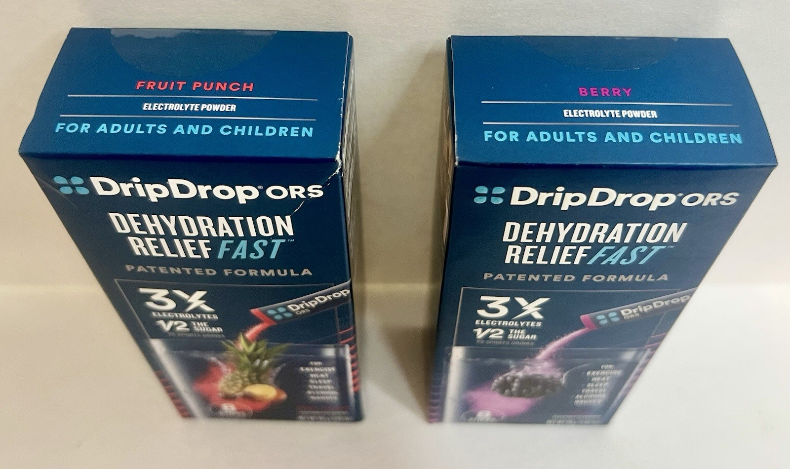 set of 2 DripDrop ORS Electrolyte Drink Mix 8 Berry & 8 Fruit Punch Sticks New