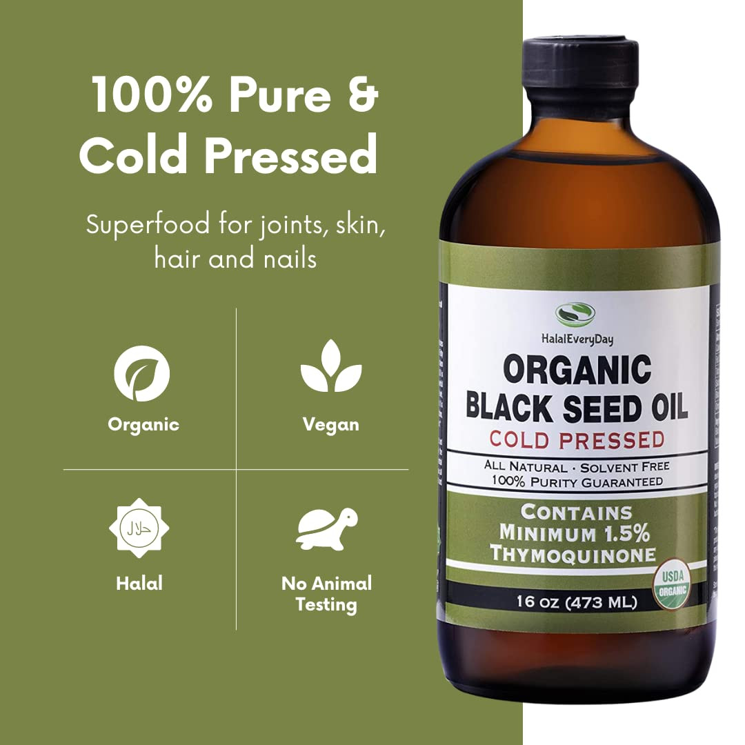 USDA Organic Black Seed Oil Supplement 16 Fl Oz Halal Vegan No Additives