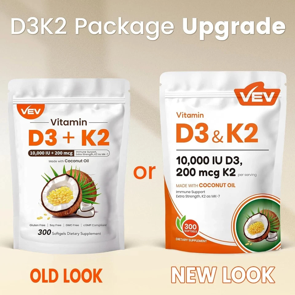 VEV Vitamin D3 Con K2 10000 IU, 300 Virgin Coconut Oil Softgels, 2 in 1 Vitamin