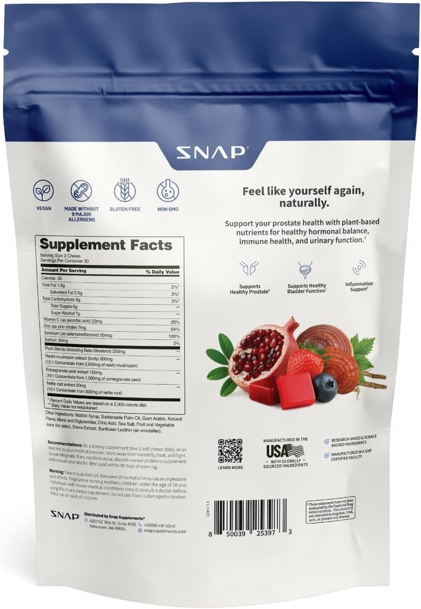 Snap Prostate Health & Nitric Oxide Chews for Men Urinary Support MADE IN USA