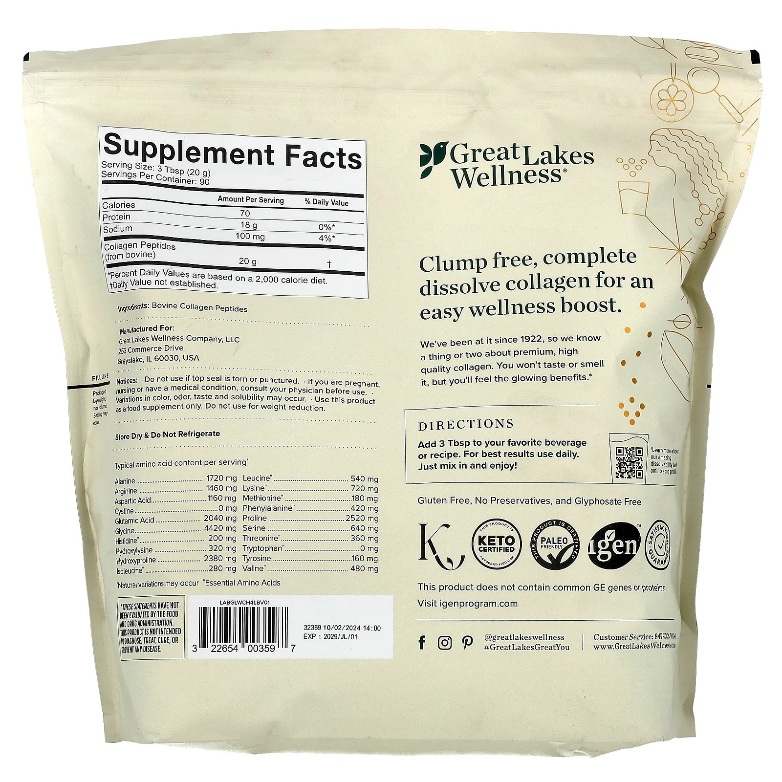 Grass-Fed Bovine Collagen Peptides, Unflavored, 64 oz (1.8 kg)