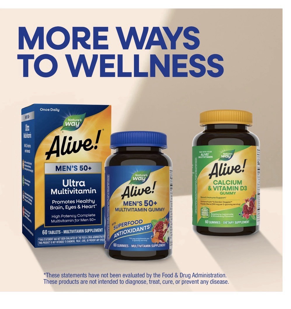 Nature’s Way Alive! Men’s 50+ Gummy Multivitamins B-Vitamins, Fruit 60 Count..
