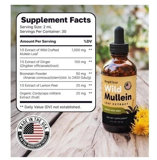 RespiClear Mullein Wild Leaf Extract Liquid Drops Non-GMO Lemon Vegan 2 oz fl