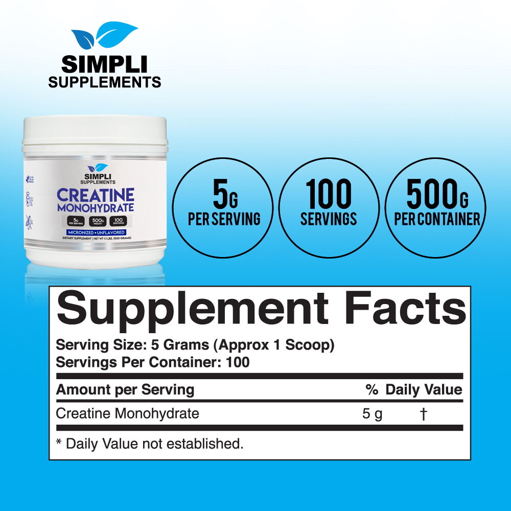 Simpli Supplements Pure Creatine Monohydrate (Micronized) – 500 Grams – 5g Servi