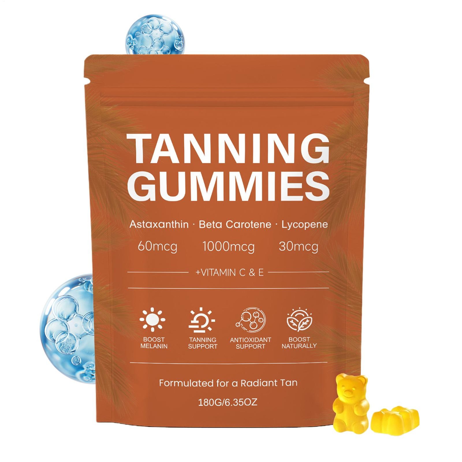 Tanning Sun Gummies with Beta-Carotene Lycopene 60ct Vegan Sugar-Free