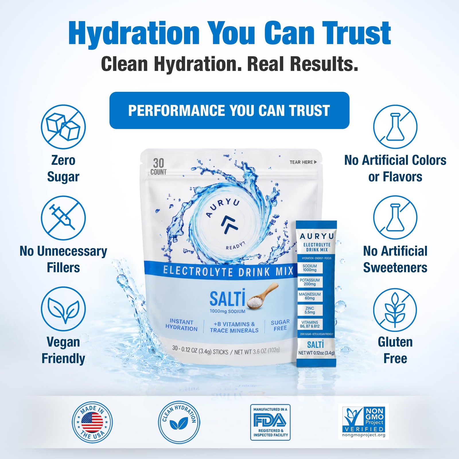 Auryu Salti Electrolyte Drink Mix Powder Unflavored 30 Stick Packs 1000Mg
