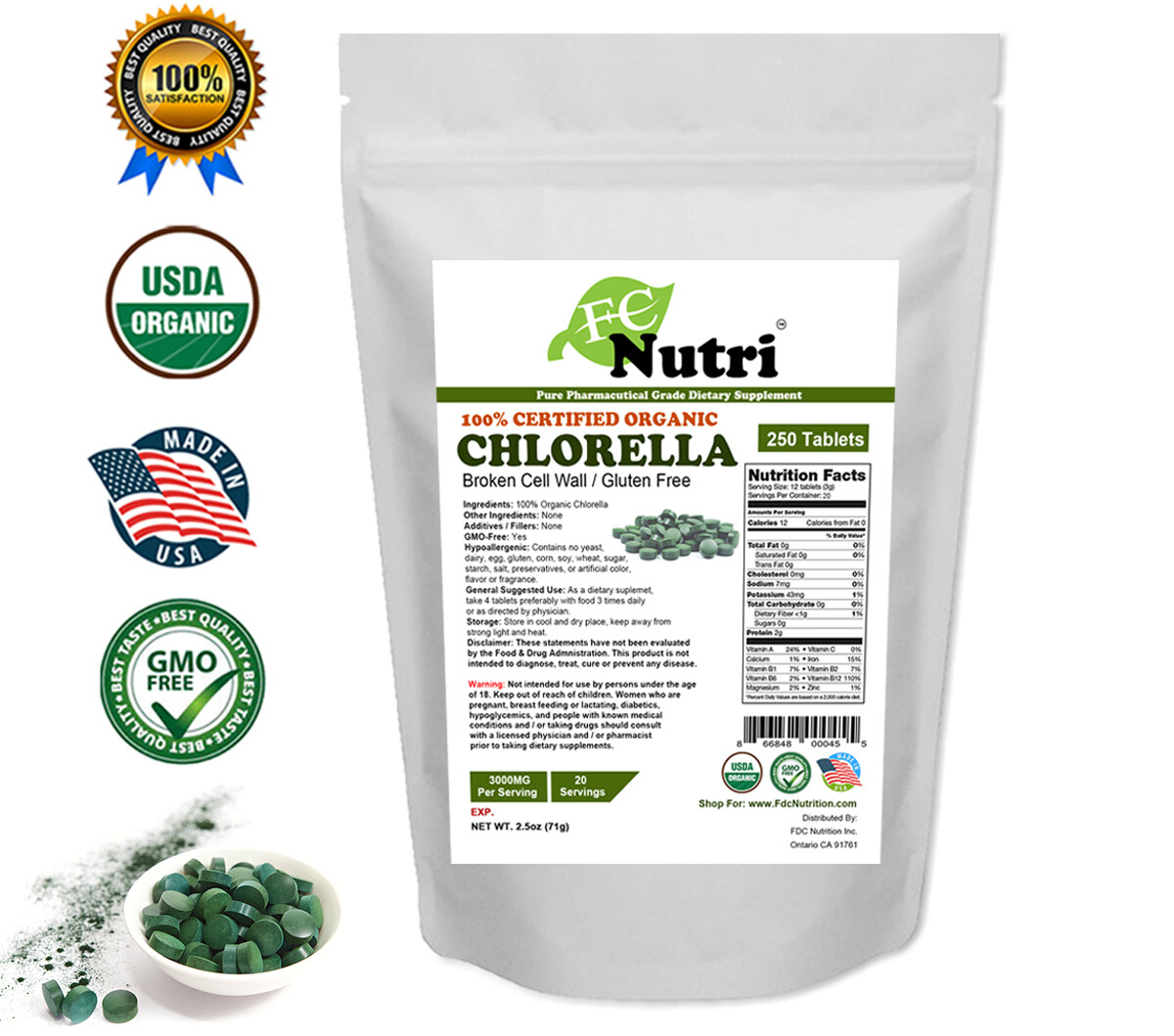 Organic Chlorella Tablets Broken Cell 3000mg Per Serving, 250 Tablets Each