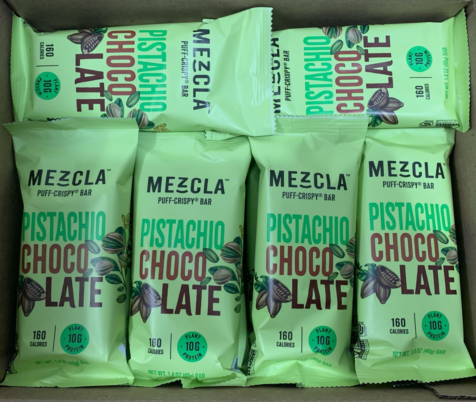 48 Mezcla Puff Crispy Protein Bars Pistachio Chocolate 1.4oz BULK 10g Protein