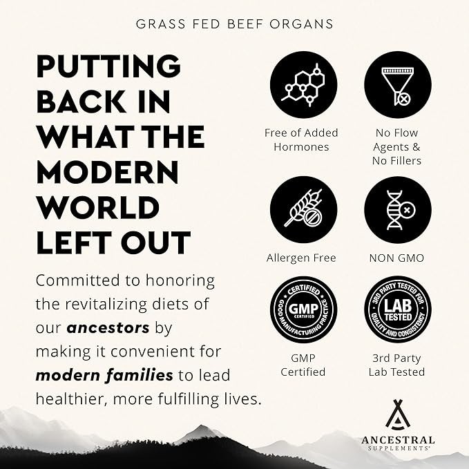 Ancestral Supplements Grass Fed Beef Organ Supplement – Non-GMO, 180 Capsules