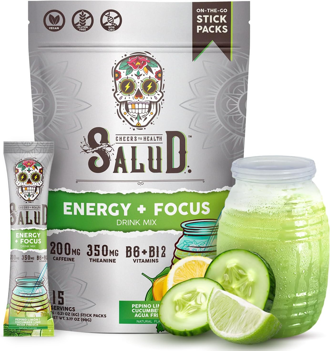 Salud 2-In-1 Energy Drink Powder + Focus, Cucumber Lime, Organic Caffeine, B6 +