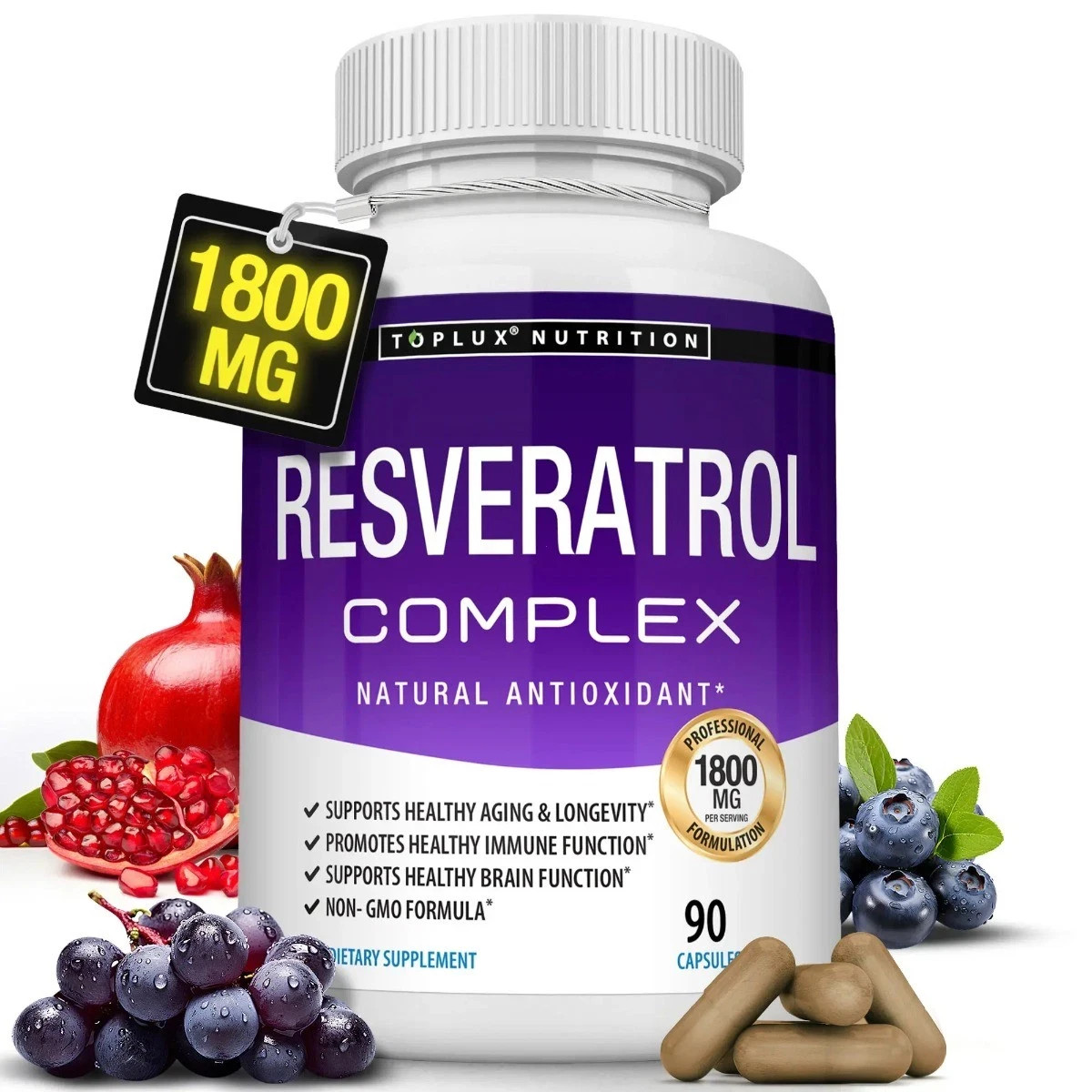 1800mg Resveratrol Complex Capsules, Anti Aging Heart Immune Support 90ct