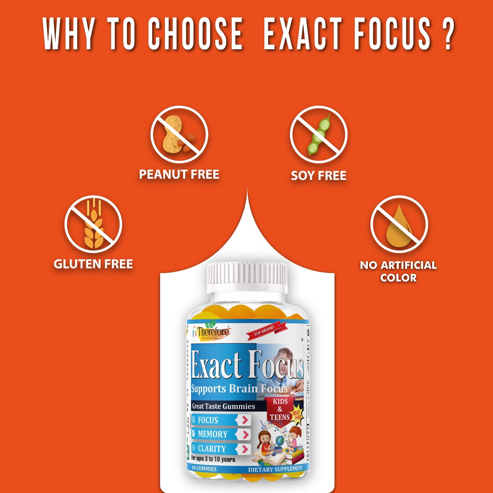 Exact Focus Brain Vitamins for Kids & Teens, Cognitive Clarity Supplement-60ct