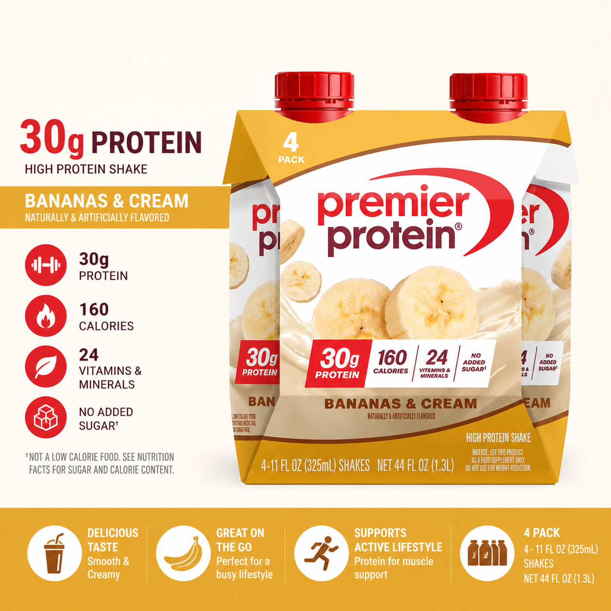 Premier Protein Shake, Bananas & Cream, 30g Protein, 11 Fl Oz, 4 Ct