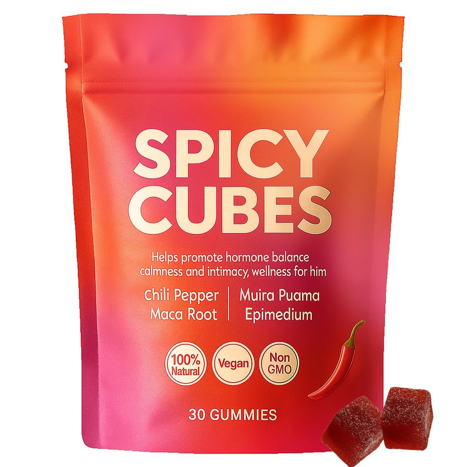1/2/3 Pcs Spicy Cubes Hot Peach Gummies with Chili, Maca Root Vegan 30 Count