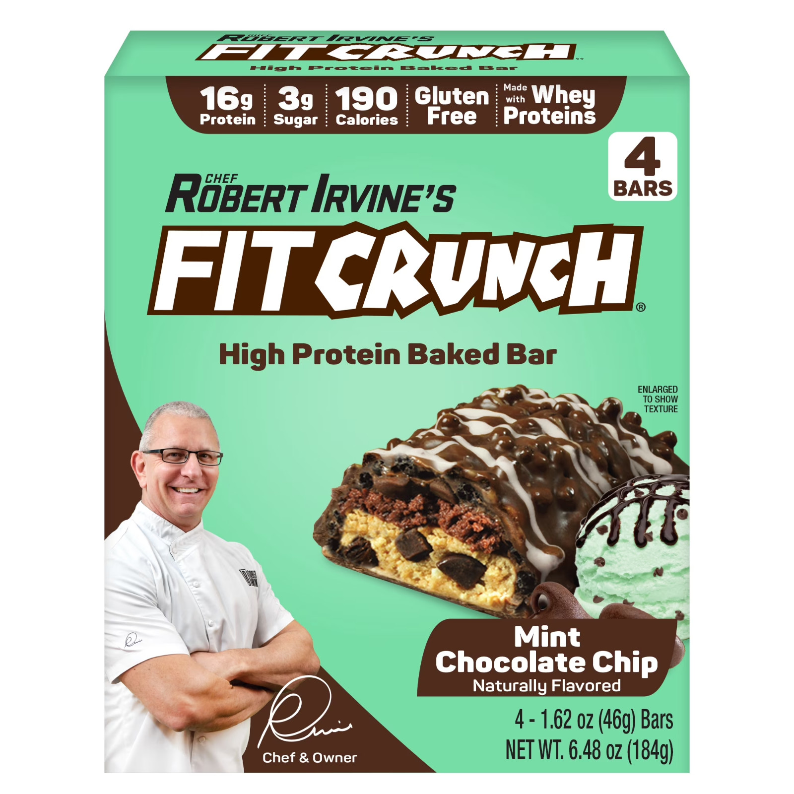 FITCRUNCH High Protein Baked Bar, Mint Chocolate Chip, 16g Protein, 1.62oz, 4 Ct