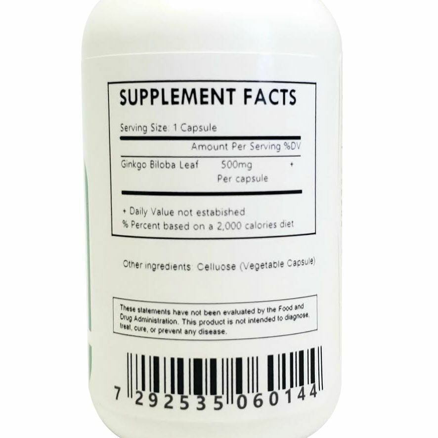 Ginkgo Biloba Capsules Organic- 60 Count 500mg Each(Anti-aging, Improve Memory)