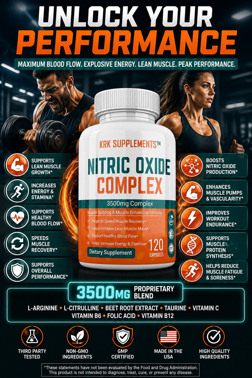 1 btl Nitric Oxide Complex 3500mg L-Arginine AAKG Muscle Pump Growth Pills