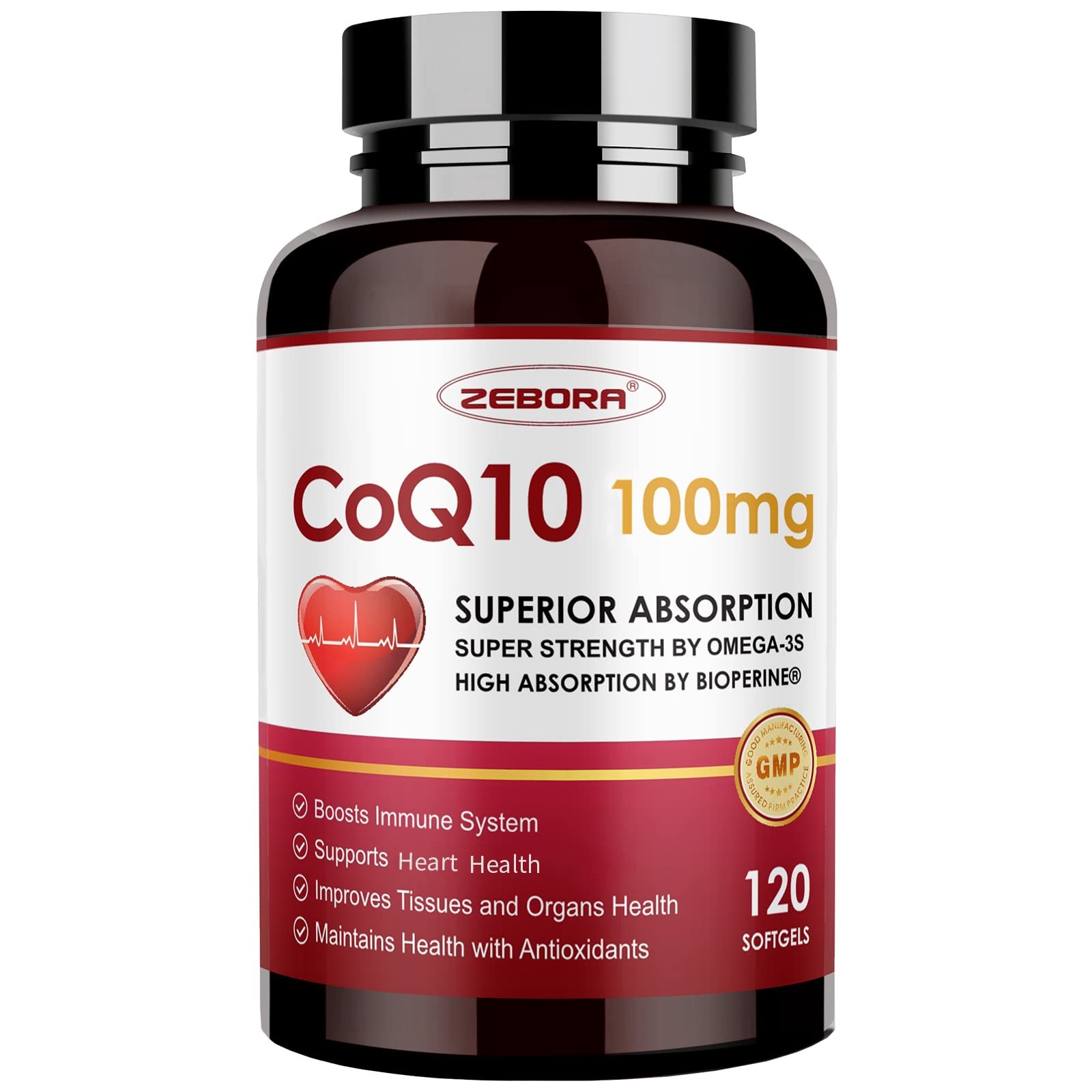 ZEBORA CoQ10-100mg-Softgels with PQQ, BioPerine 120 Count (Pack of 1), Coq10