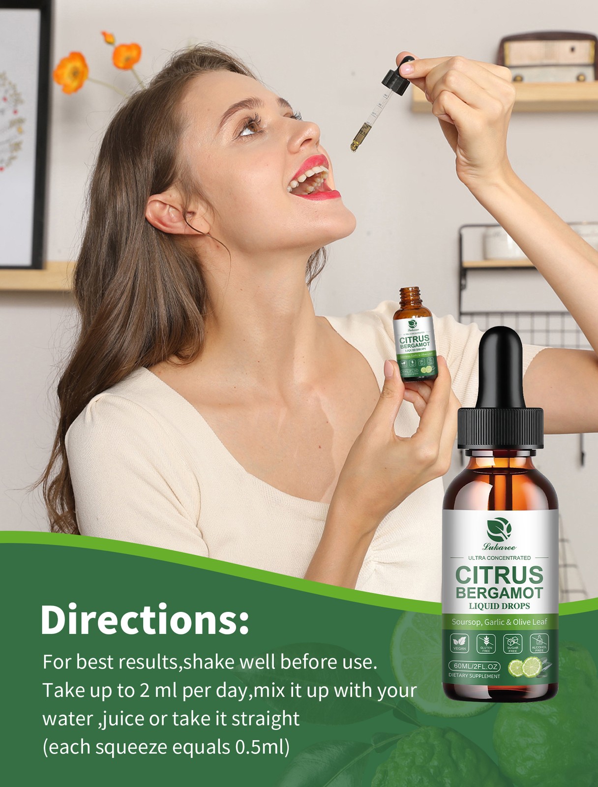 Organic Citrus Bergamot Bergamia Extract 1000 mg Liquid Drops 60ml×2 w/ Soursop