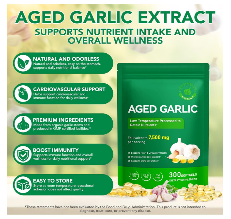 Odorless Aged Garlic Extract 7500mg Heart Immune Support Supplement 300 Softgels