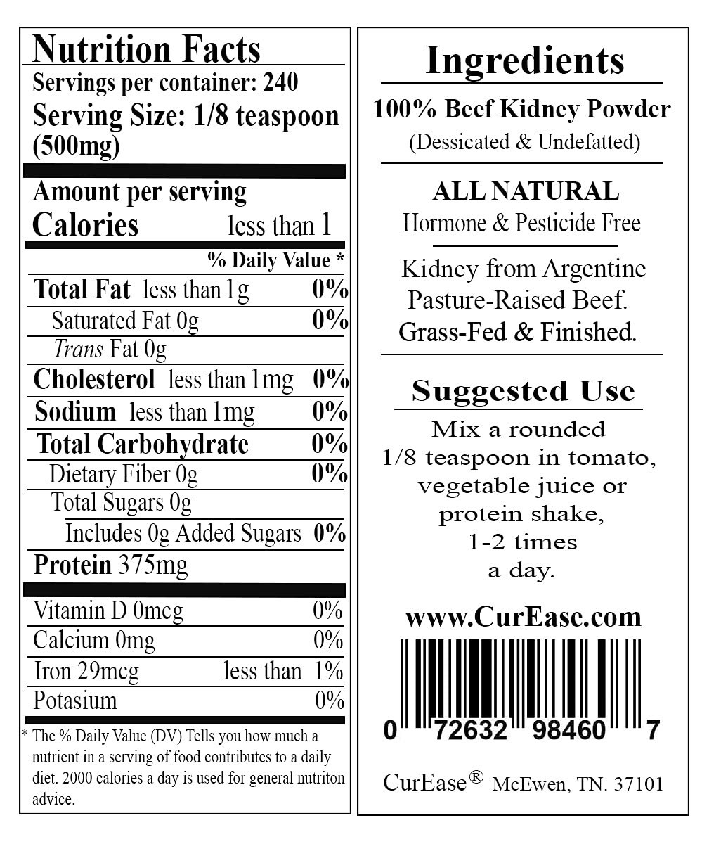 Grass-Fed Argentine Beef Kidney Powder – 4.2 oz, 240 Servings, Nutrient-Dense Su