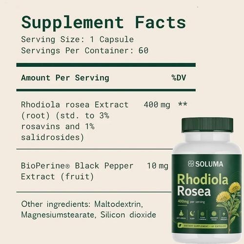 Soluma Rhodiola Rosea, 400mg Per Serving With Bioperine, 60 Capsules (2 pack)