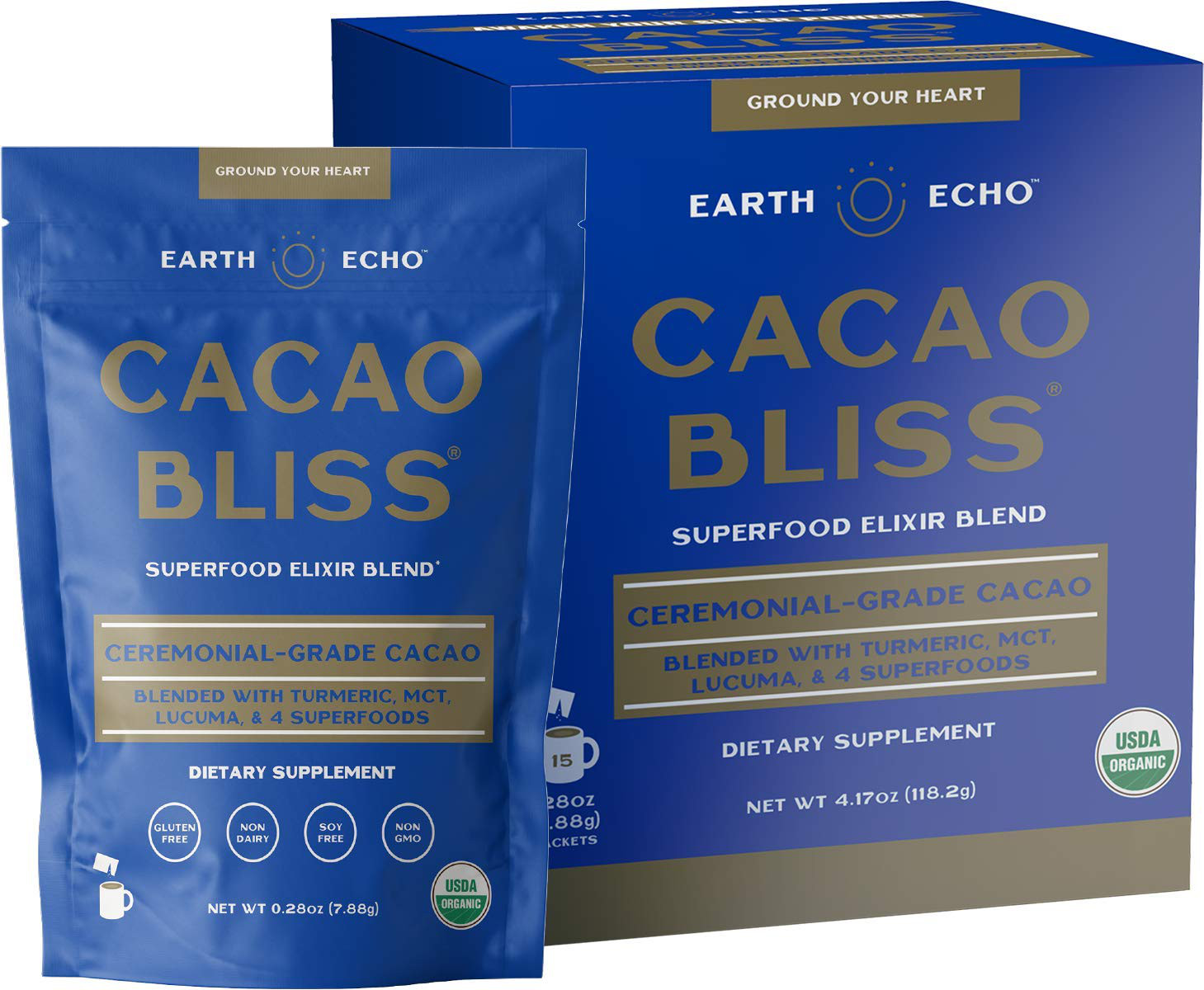 Earth Echo Raw Cacao Bliss Superfood Powder Organic Non GMO Healthy 15Pack Choco