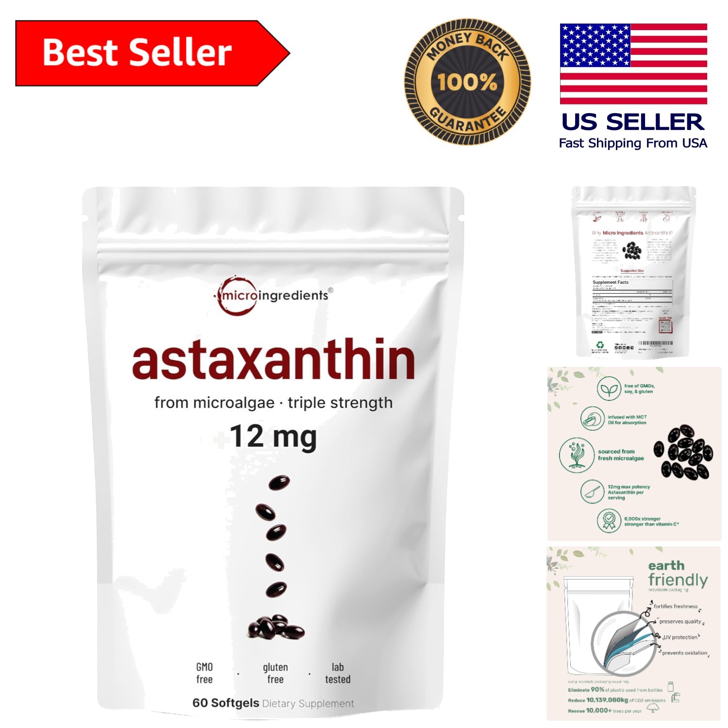 Pure Astaxanthin 12mg with MCT Oil – 60 Softgels, Gluten Free & Easy to Digest
