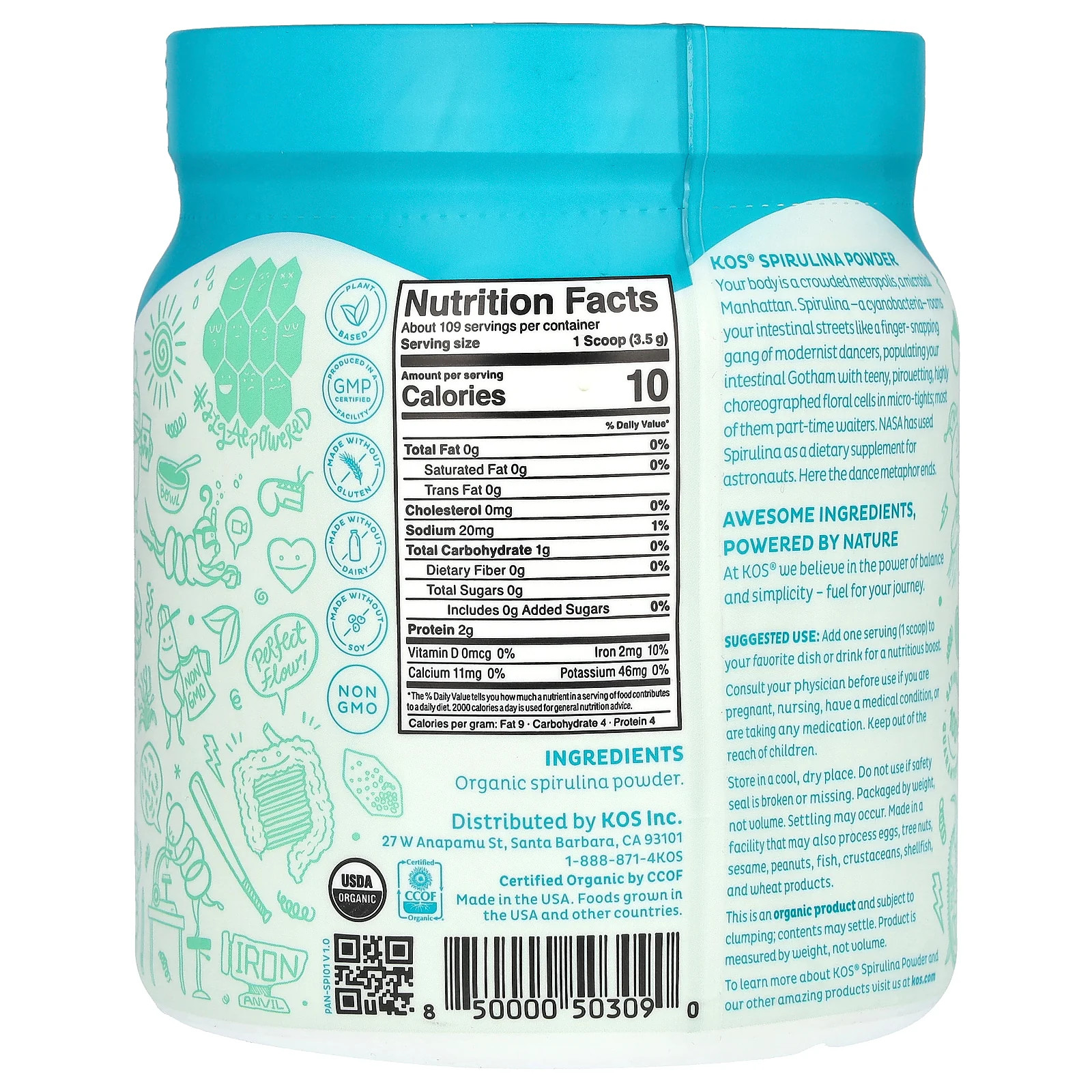2 X KOS, Organic Spirulina Powder, 13.5 oz (381 g)