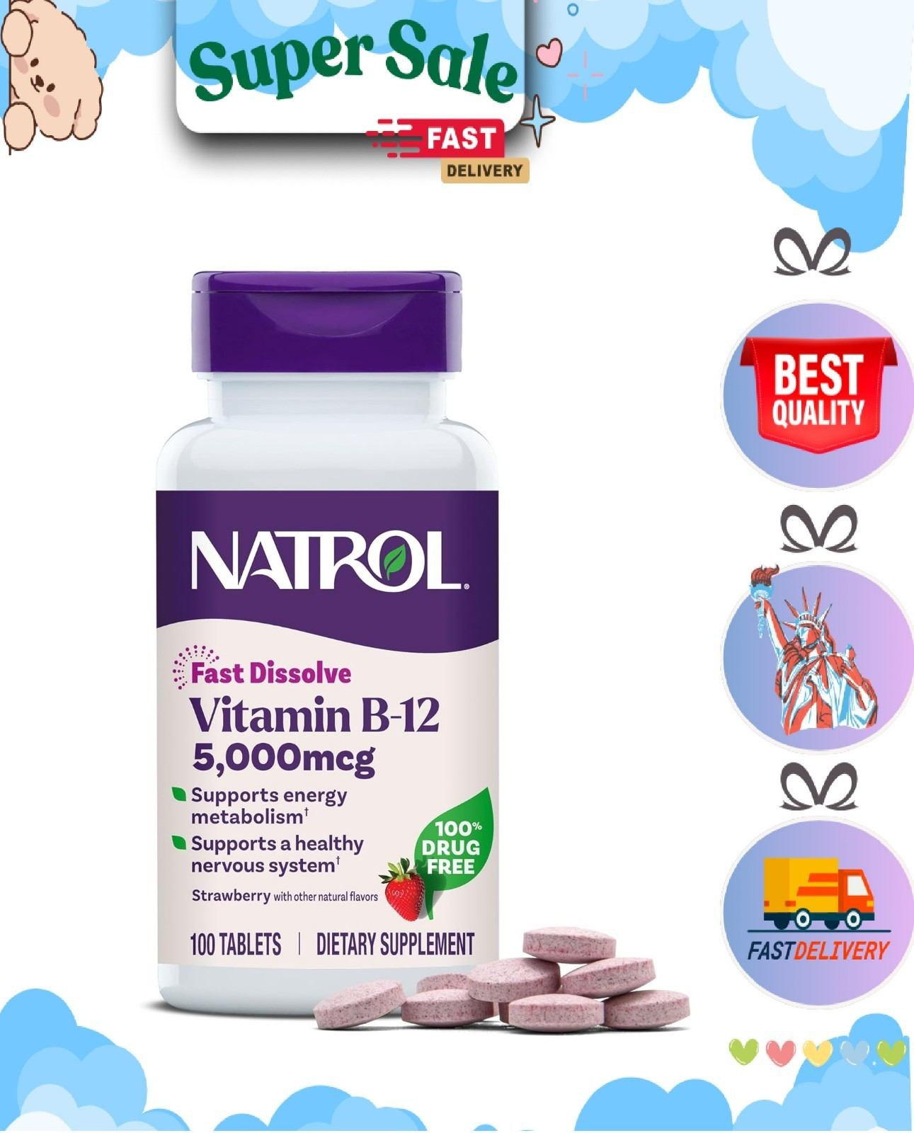 Natrol Vitamin B12 Fast Dissolve Tablets, Promotes Energy, Supports a Healthy..