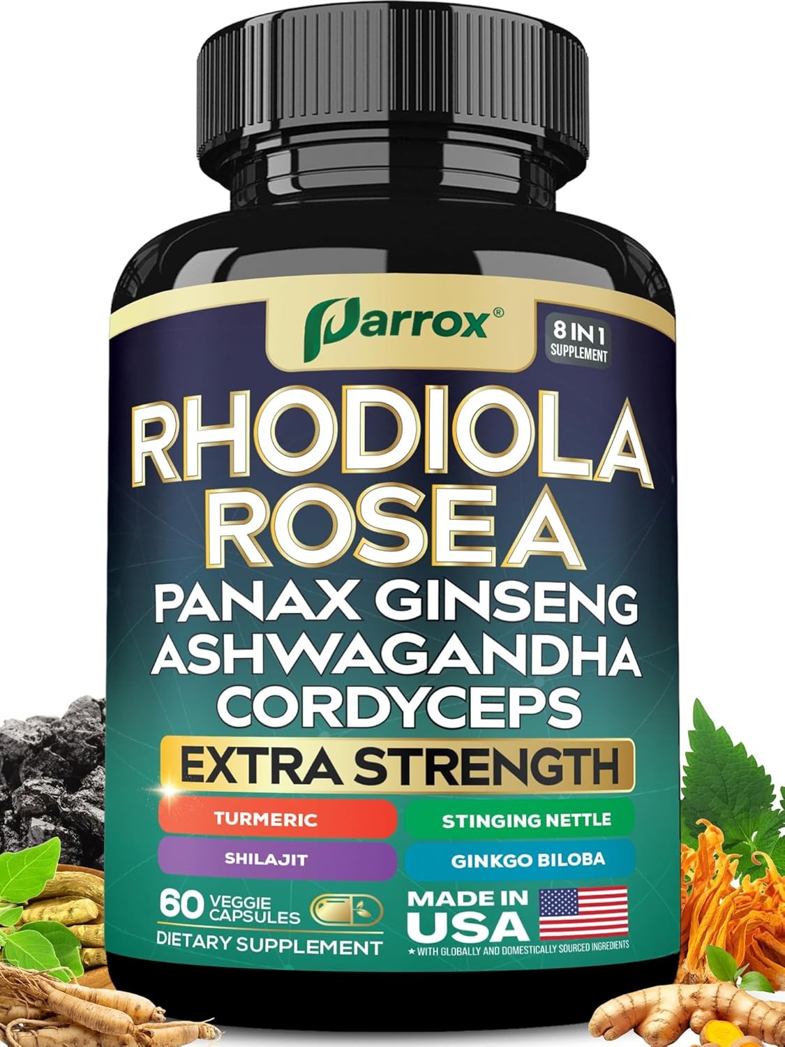 Adaptogen Blend With Rhodiola Ginseng Ashwagandha Mushroom 60 Caps