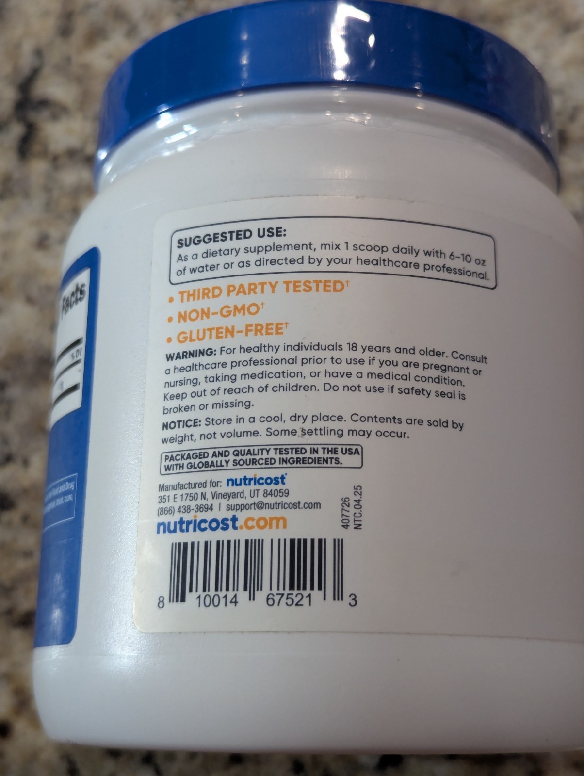 Nutricost L-Glutamine Powder 5g Unflavored 17.9 oz exp: 09/2028