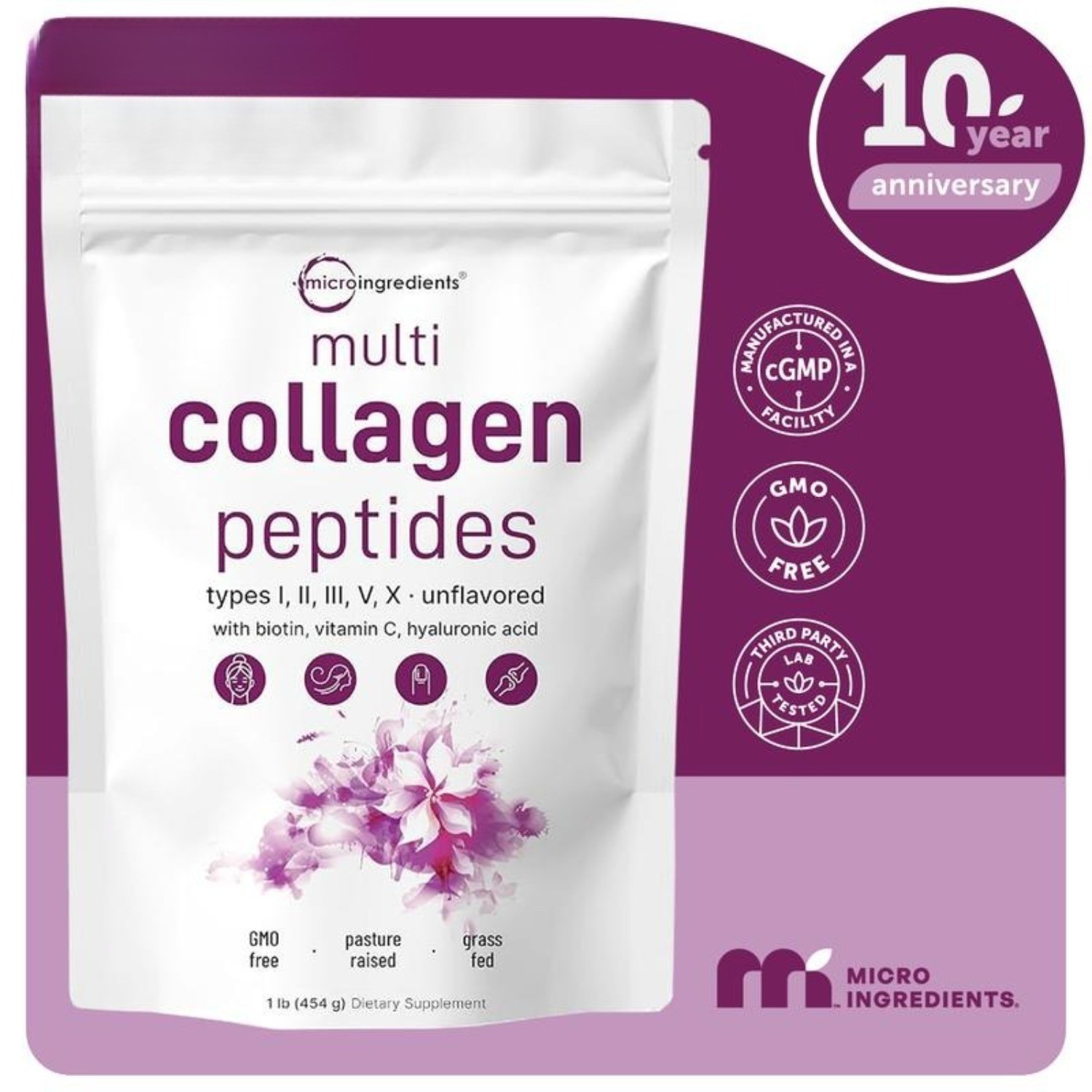 Micro Ingredients Hydrolyzed Multi Collagen (I,II,III,V,X) , Unflavored-