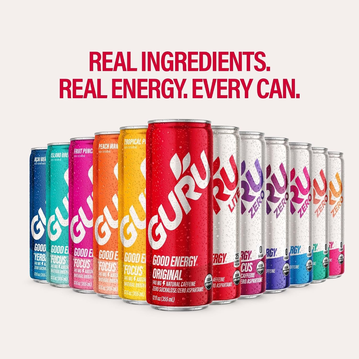GURU ZERO SUGAR Organic Energy Drinks Variety Pack, 12 Fl Oz (Pack of 12)