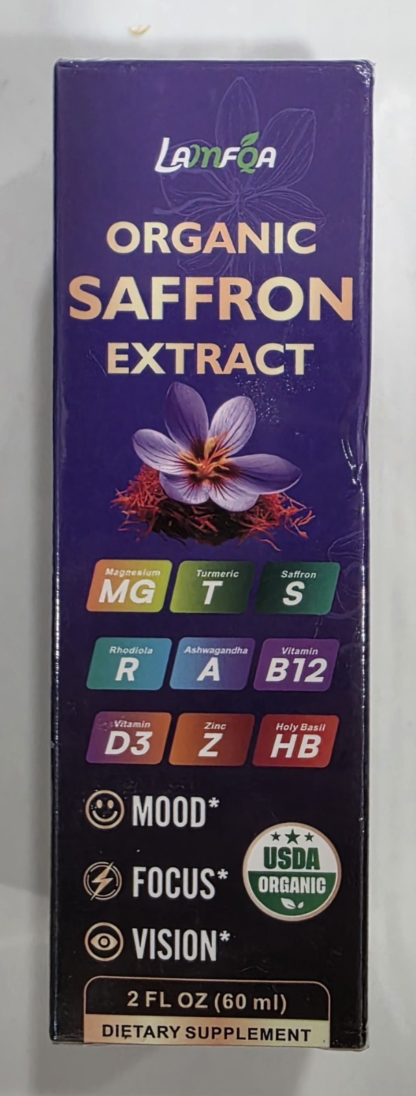 Organic Saffron Extract Liquid 2 fl oz w Ashwagandha Rhodiola D3 B12