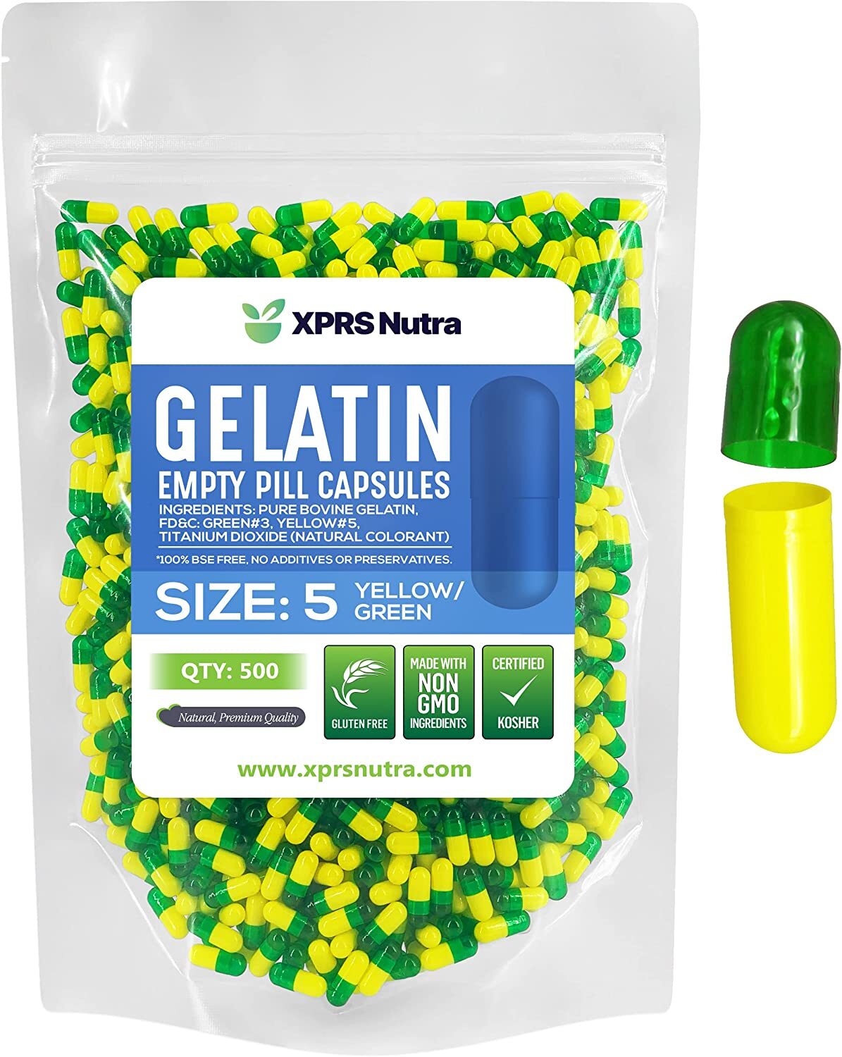 Capsules Express Size 5 Green/Yellow Empty Gelatin Capsules Gelcaps Kosher DIY