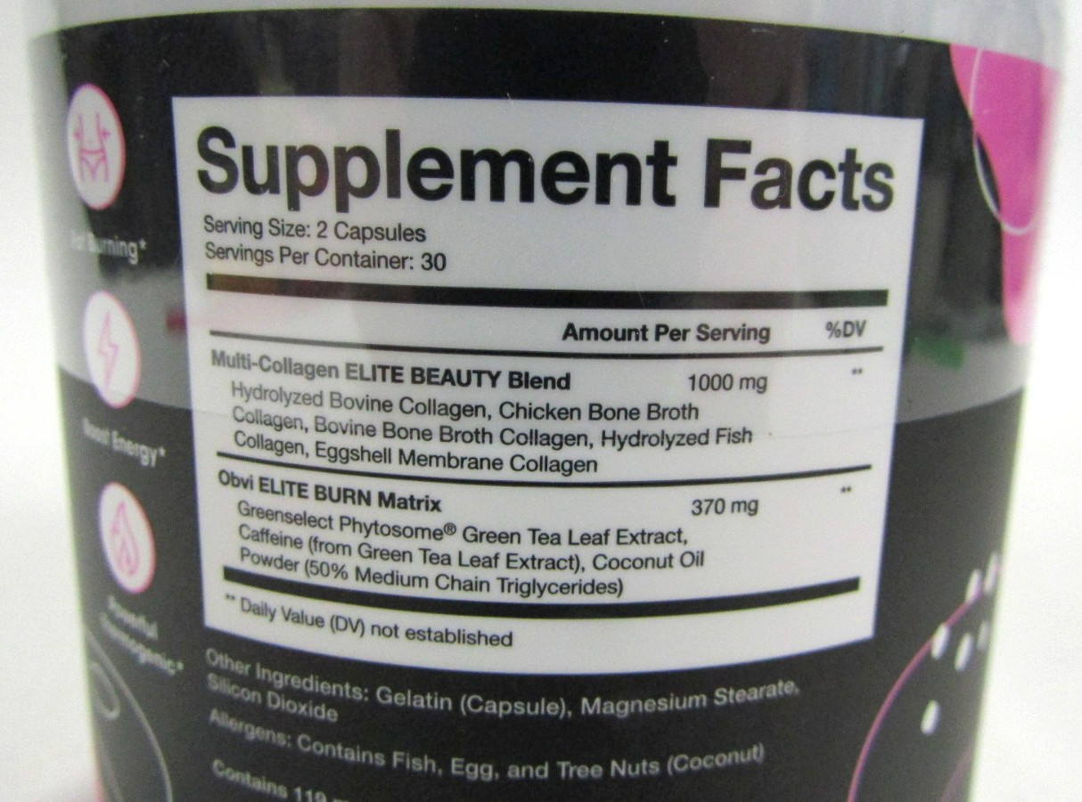 Obvi Burn Elite Collagenic Supplements Boost Energy 60Ct Ex:7/27