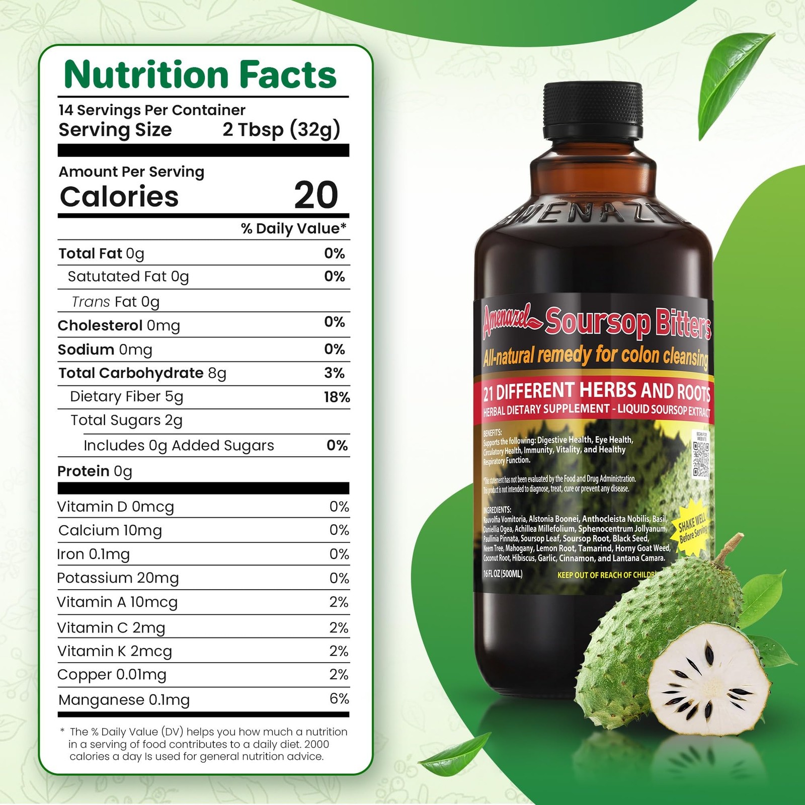 Amenazel Organic Soursop Bitters, 16 fl oz 16 Ounce (Pack of 1), Clear