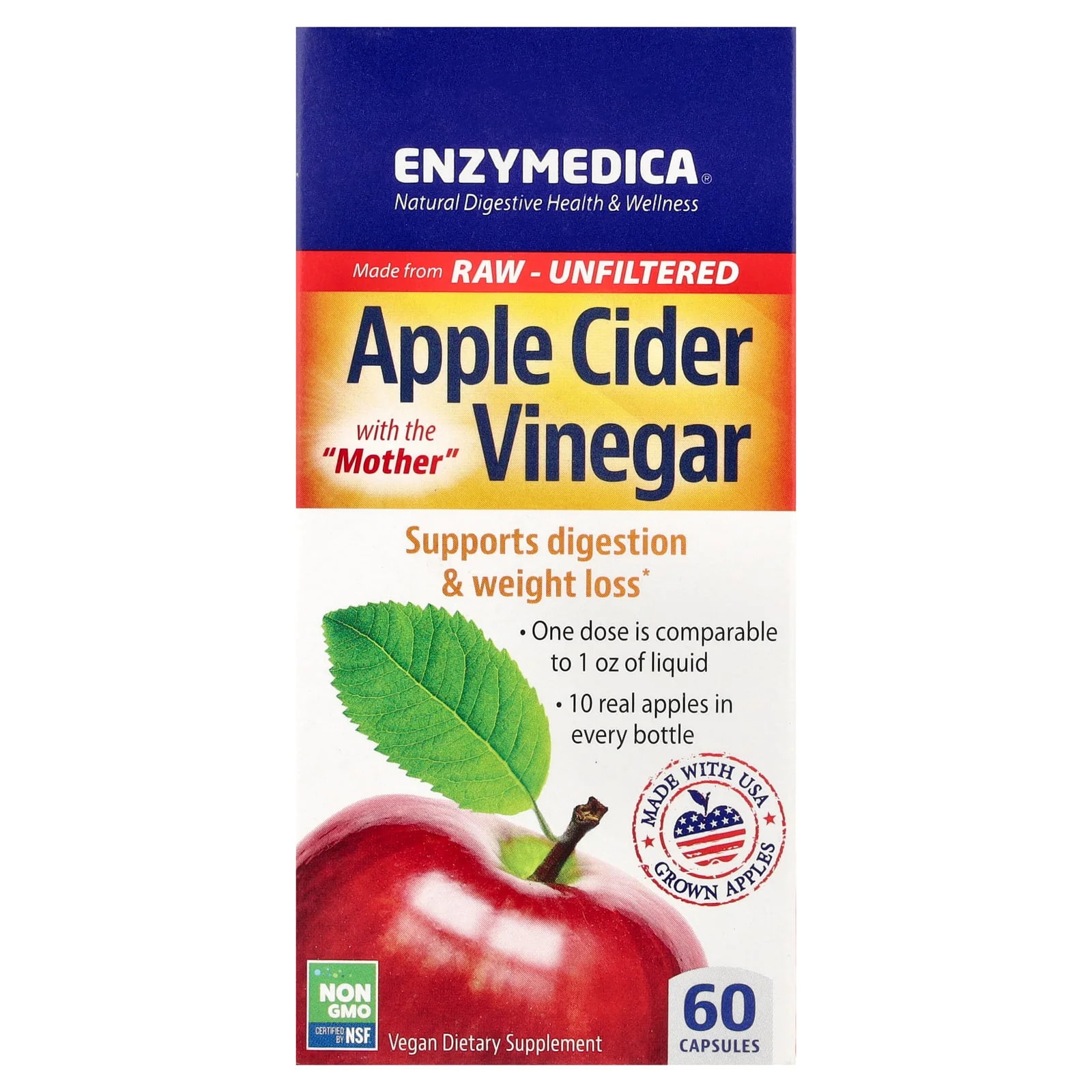 2 X Enzymedica, Apple Cider Vinegar with the Mother, 60 Capsules (355 mg per Ca