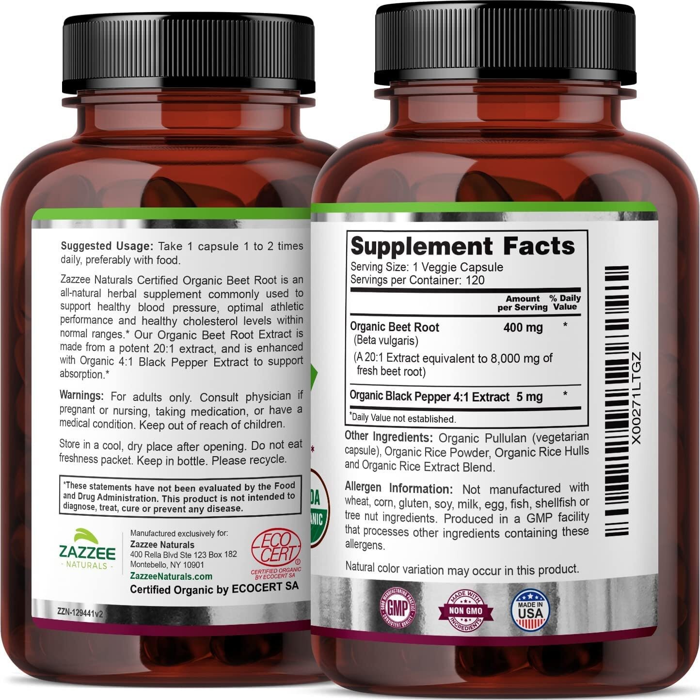 USDA Organic Beet Root 8000 mg Strength 20:1 Extract, 120 Vegan Capsules, Kosher