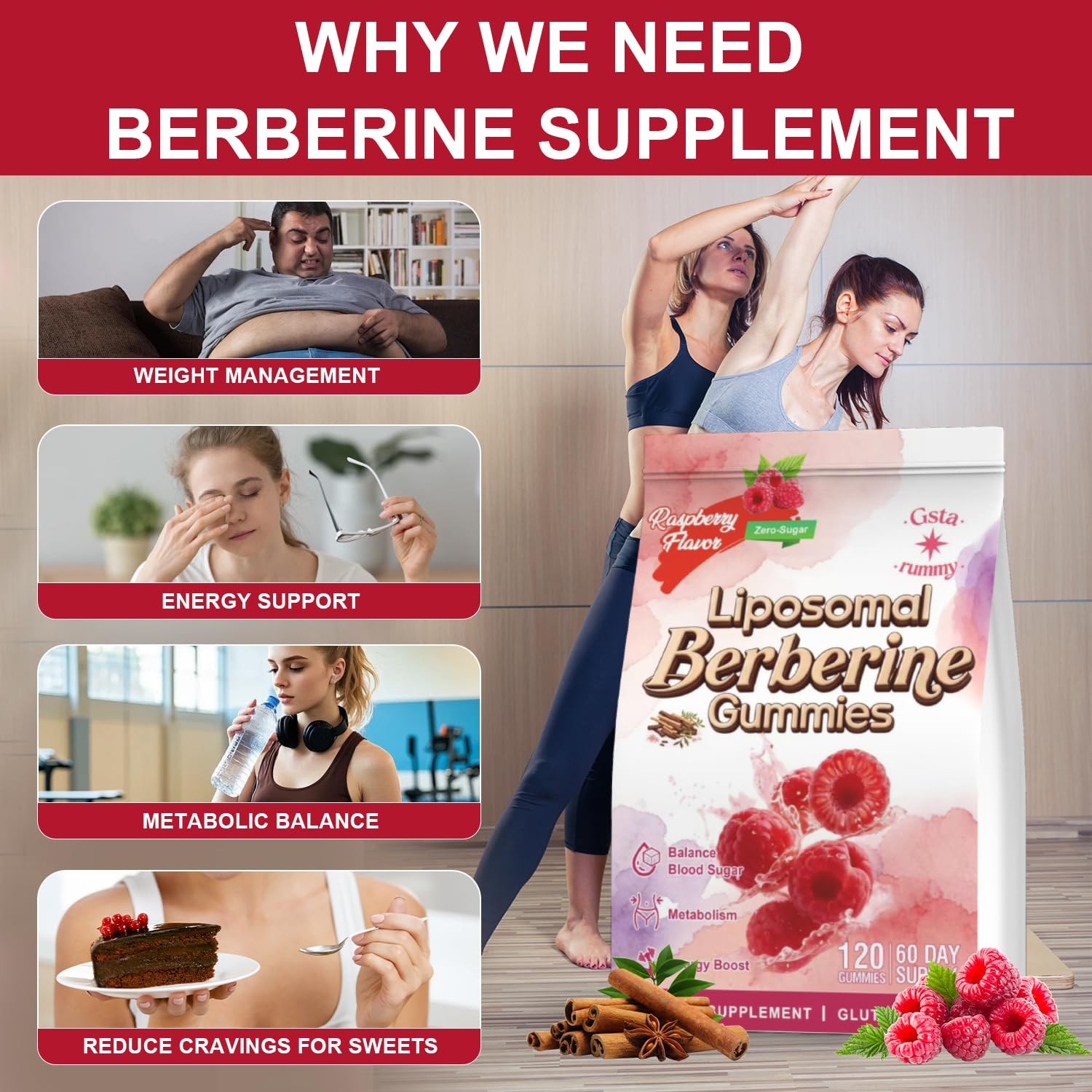 Liposomal Berberine Gummies 1500mg Ceylon Cinnamon Raspberry 120 Count 60 days