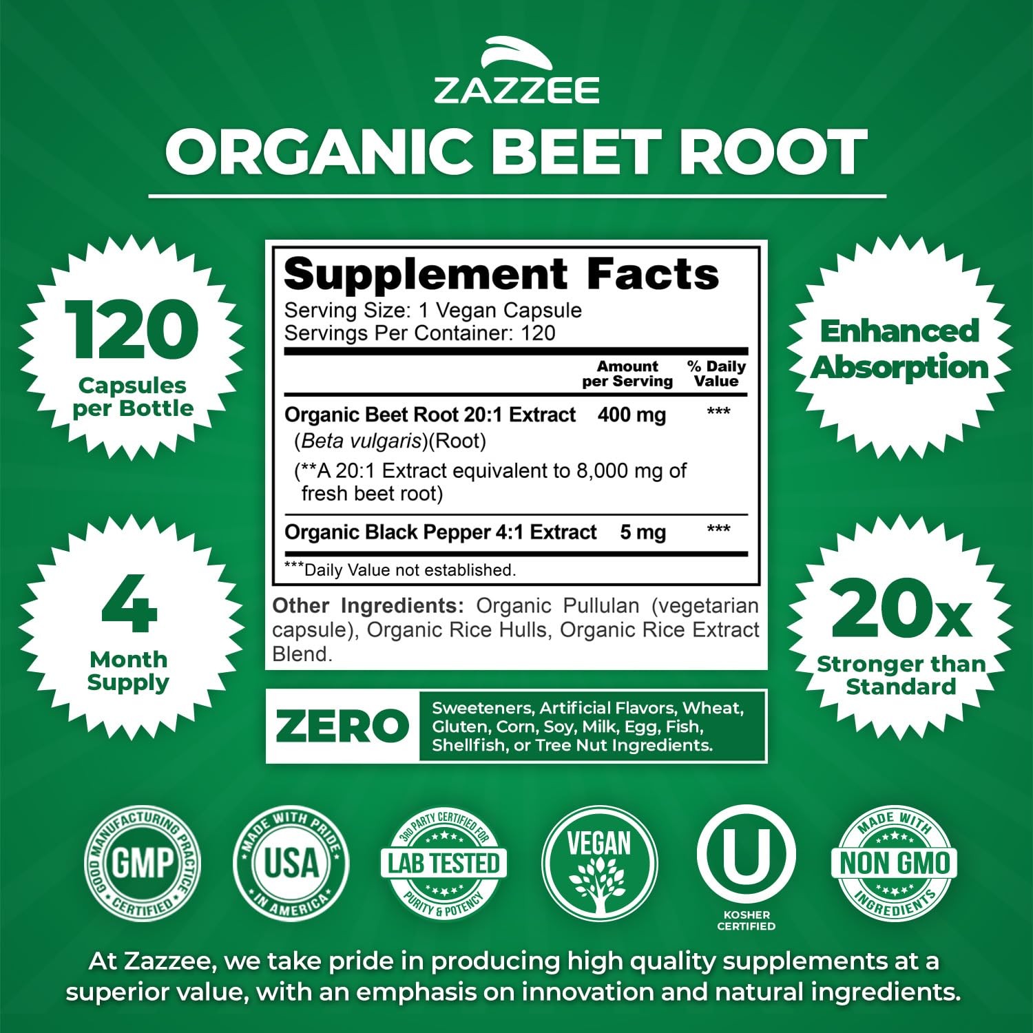 USDA Organic Beet Root 20:1 Extract, 120 Vegan Quick Release Capsules, 4 Mont…