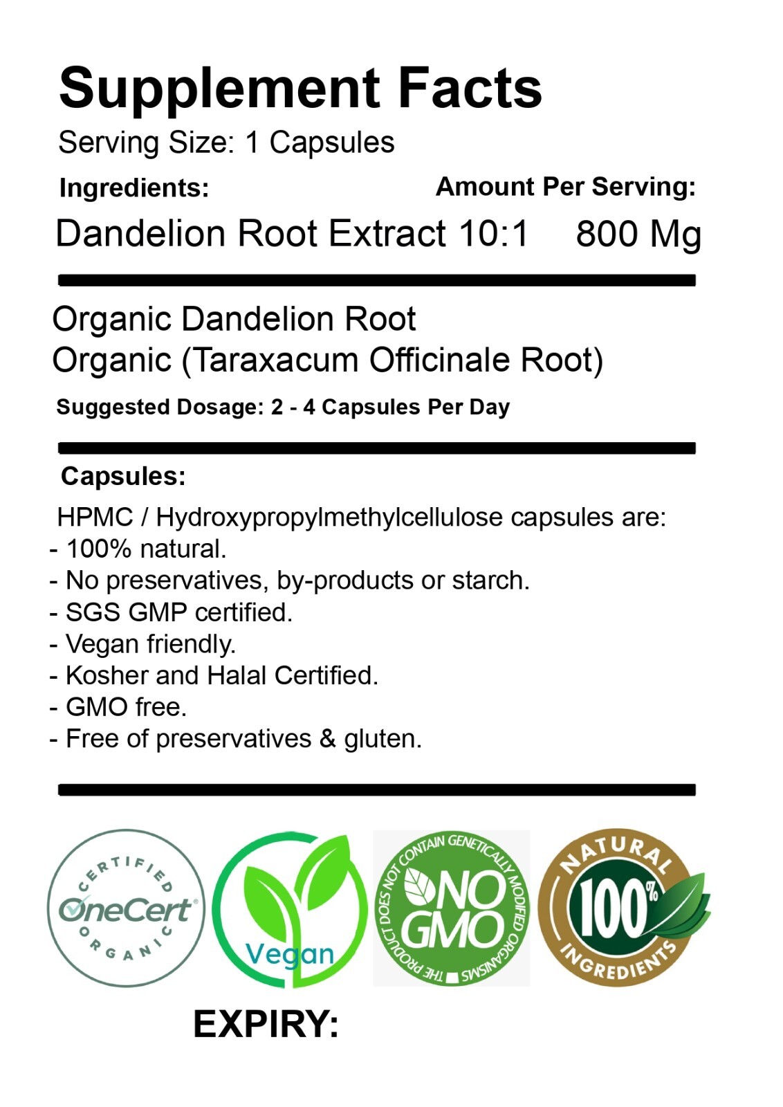 Dandelion Root Extract Organic 100 Capsules 8000mg 10:1 High Potency & Purity