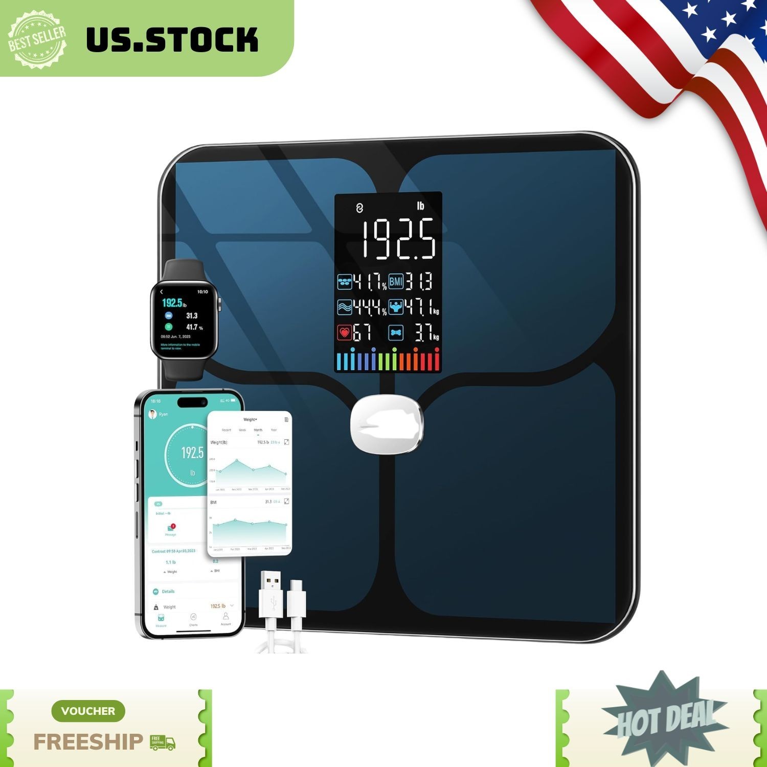 Rechargeable Digital Bathroom Scale Smart Body Fat BMI Muscle Heart Rate 400lbs